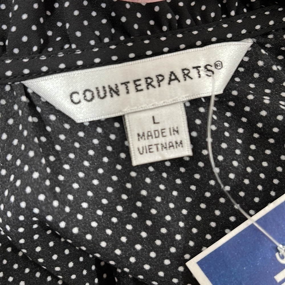 COUNTERPARTS Tie Neck Blouse Top Black & White Polka Dots Long Sleeve Size L NEW - Picture 3 of 6